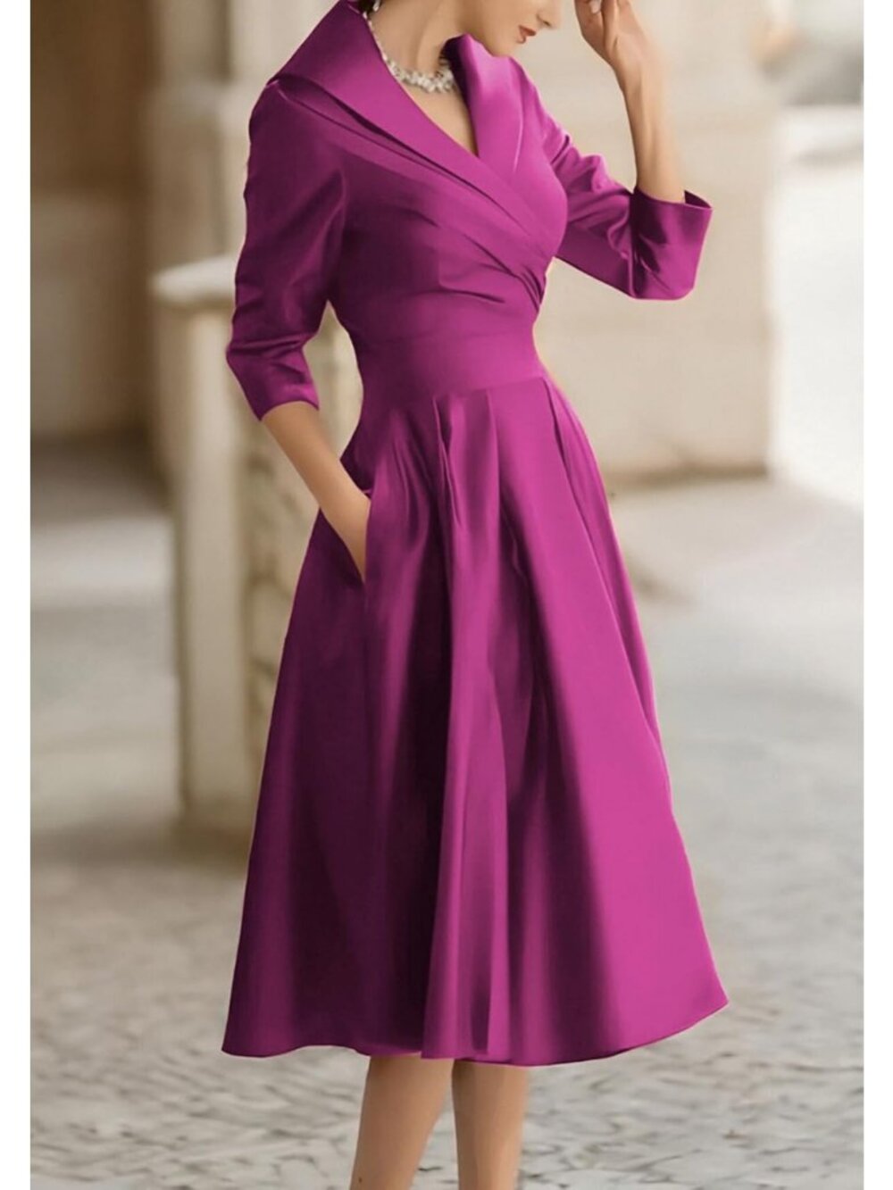 Women's Purple Wrap Long Sleeve V-Neck Silky Casual Elegant Midi Church Dress - Picture 5 of 5